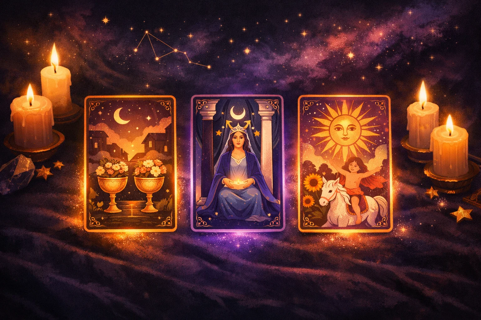 Tarot card spreads for beginners — a three-card Past, Present and Future layout on a candlelit velvet cloth