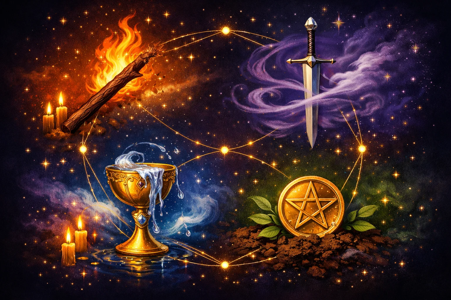 The four tarot suits explained — Wands, Cups, Swords, and Pentacles shown with their fire, water, air, and earth elements