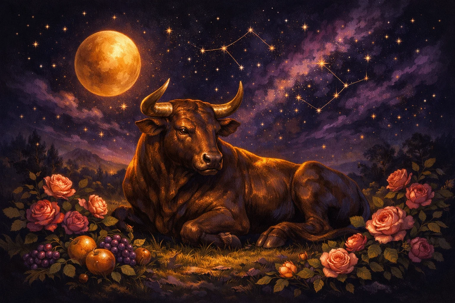 Taurus zodiac sign illustration: a bronze bull resting in a meadow at golden hour with roses and the planet Venus