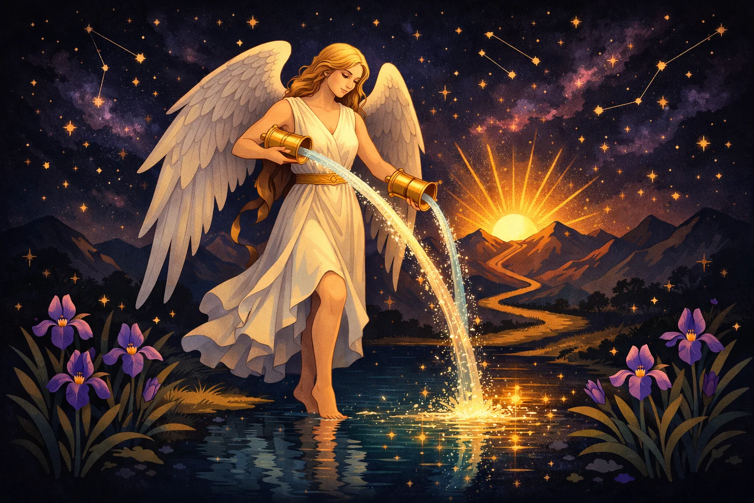 Temperance tarot card meaning โ an angel pouring water between two cups beside a path to sunlit mountains