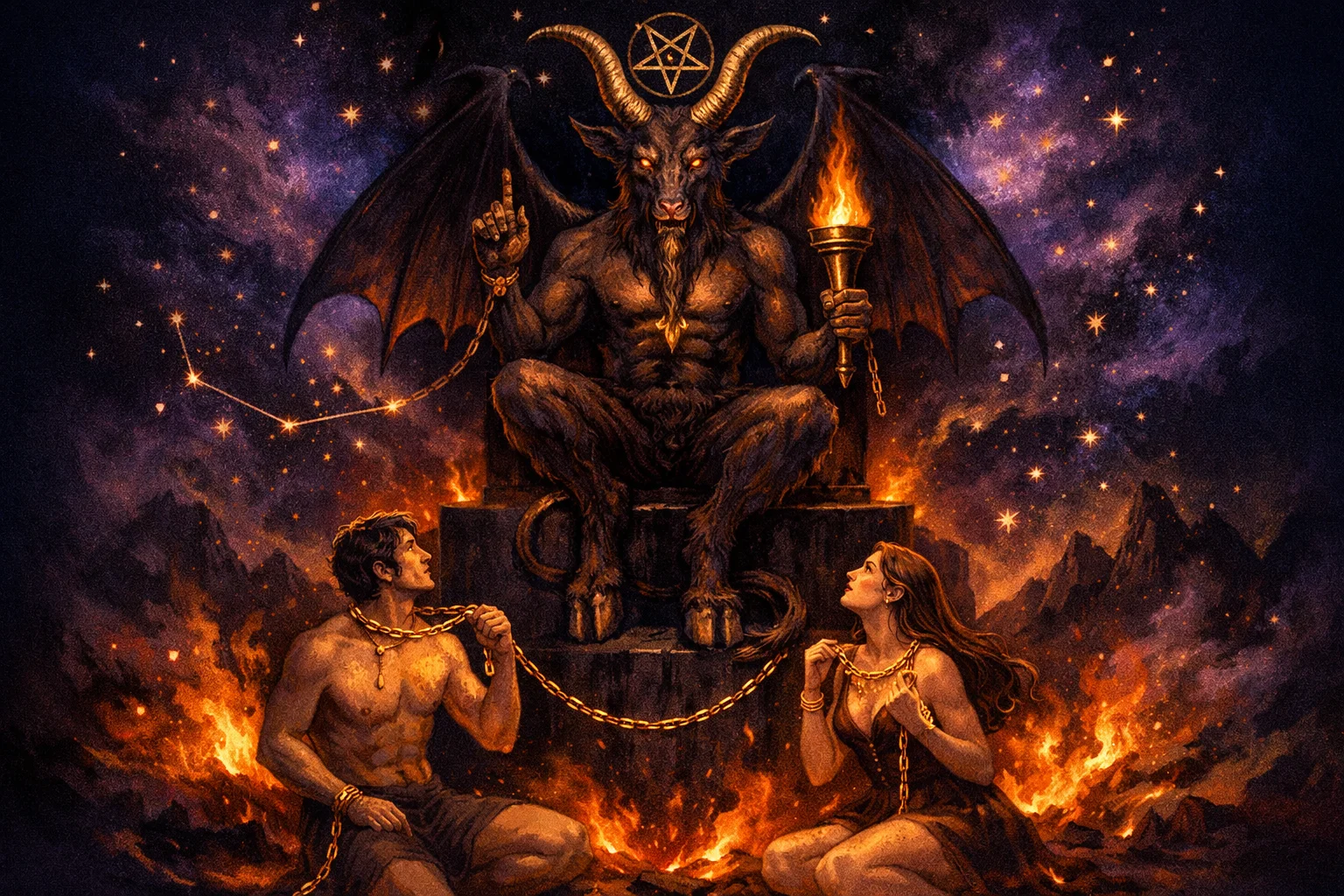 The Devil tarot card meaning — a horned Baphomet figure above two people held by loose chains in firelit shadow