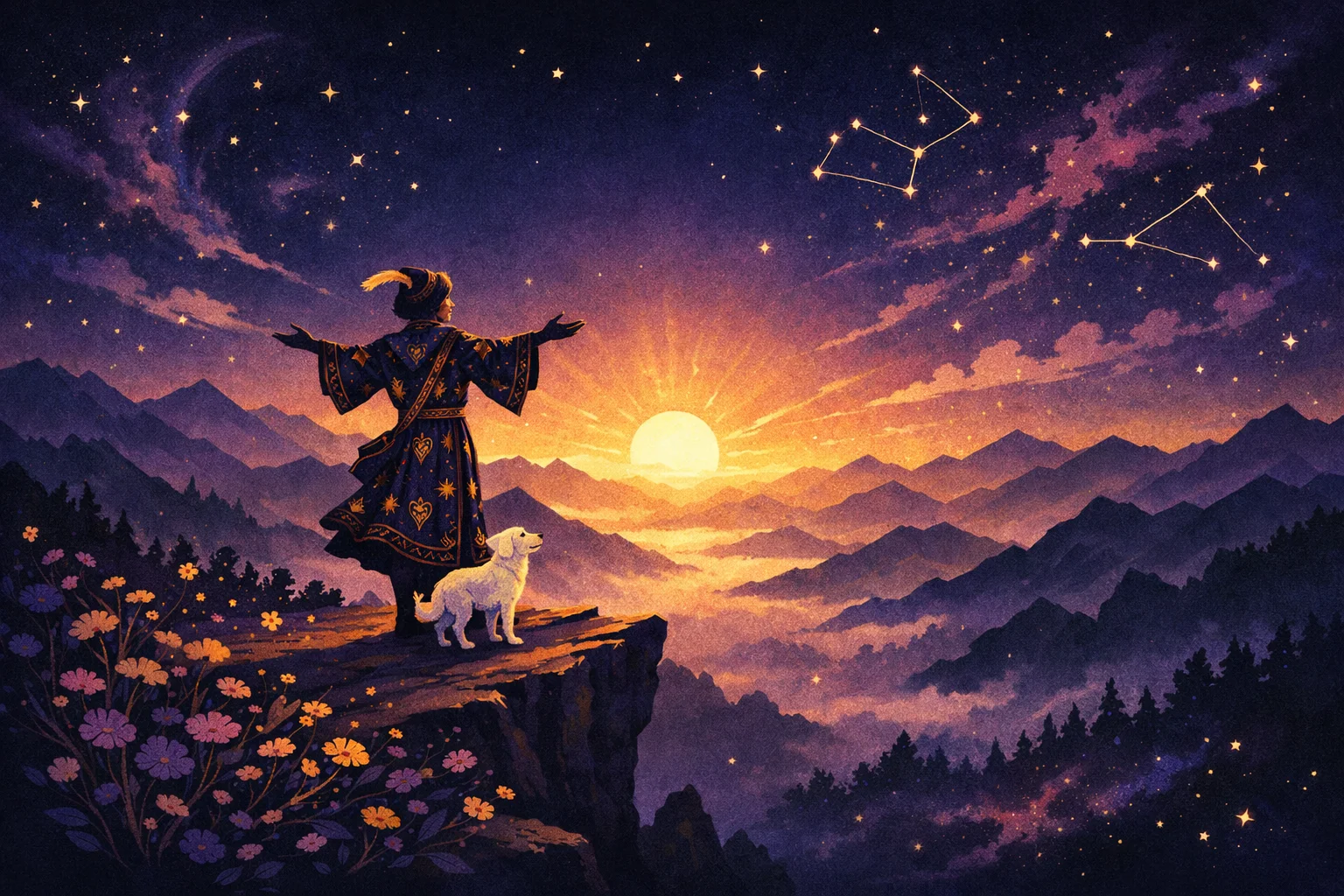 The Fool tarot card meaning — a traveler at a sunlit cliff edge at dawn with a white dog, ready to leap into the unknown