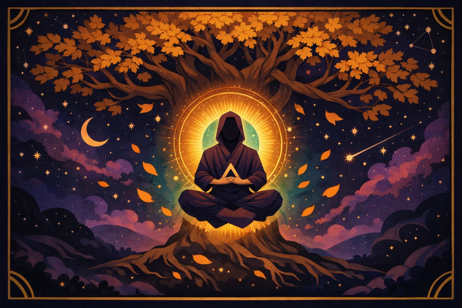 The Hanged Man tarot card meaning โ a serene figure suspended upside down from a living tree, golden halo radiating quiet wisdom