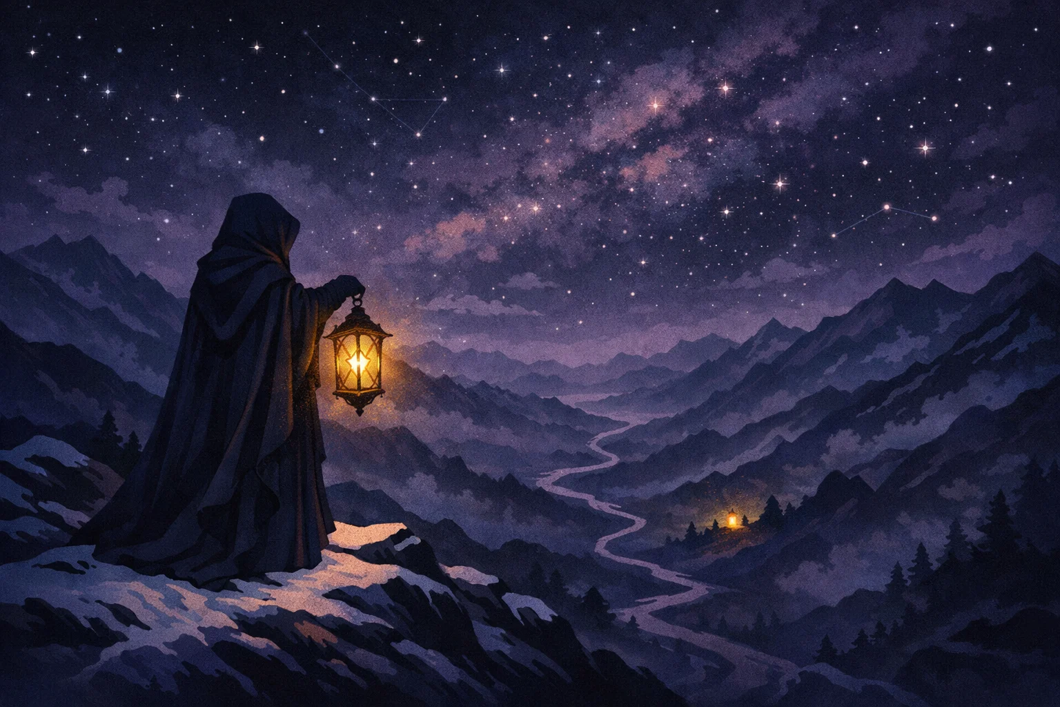 The Hermit tarot card meaning: a cloaked figure on a snowy mountain peak raising a glowing lantern under a starlit sky