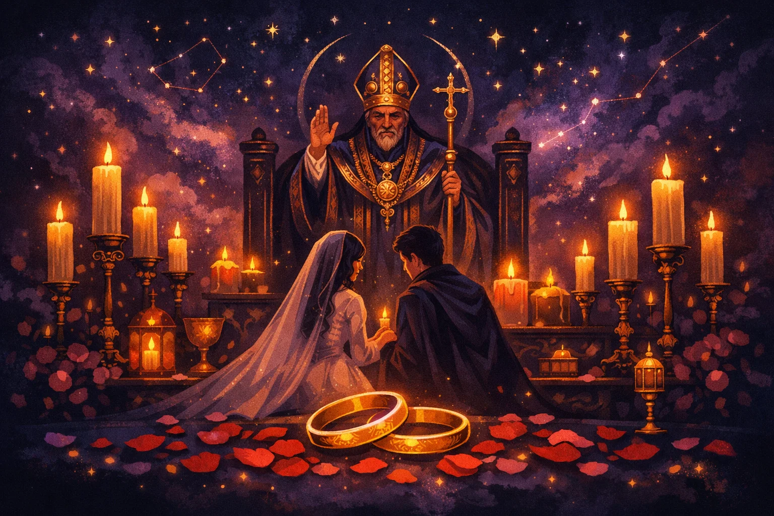 The Hierophant love tarot meaning: a figure blessing two wedding rings on a candlelit altar with roses