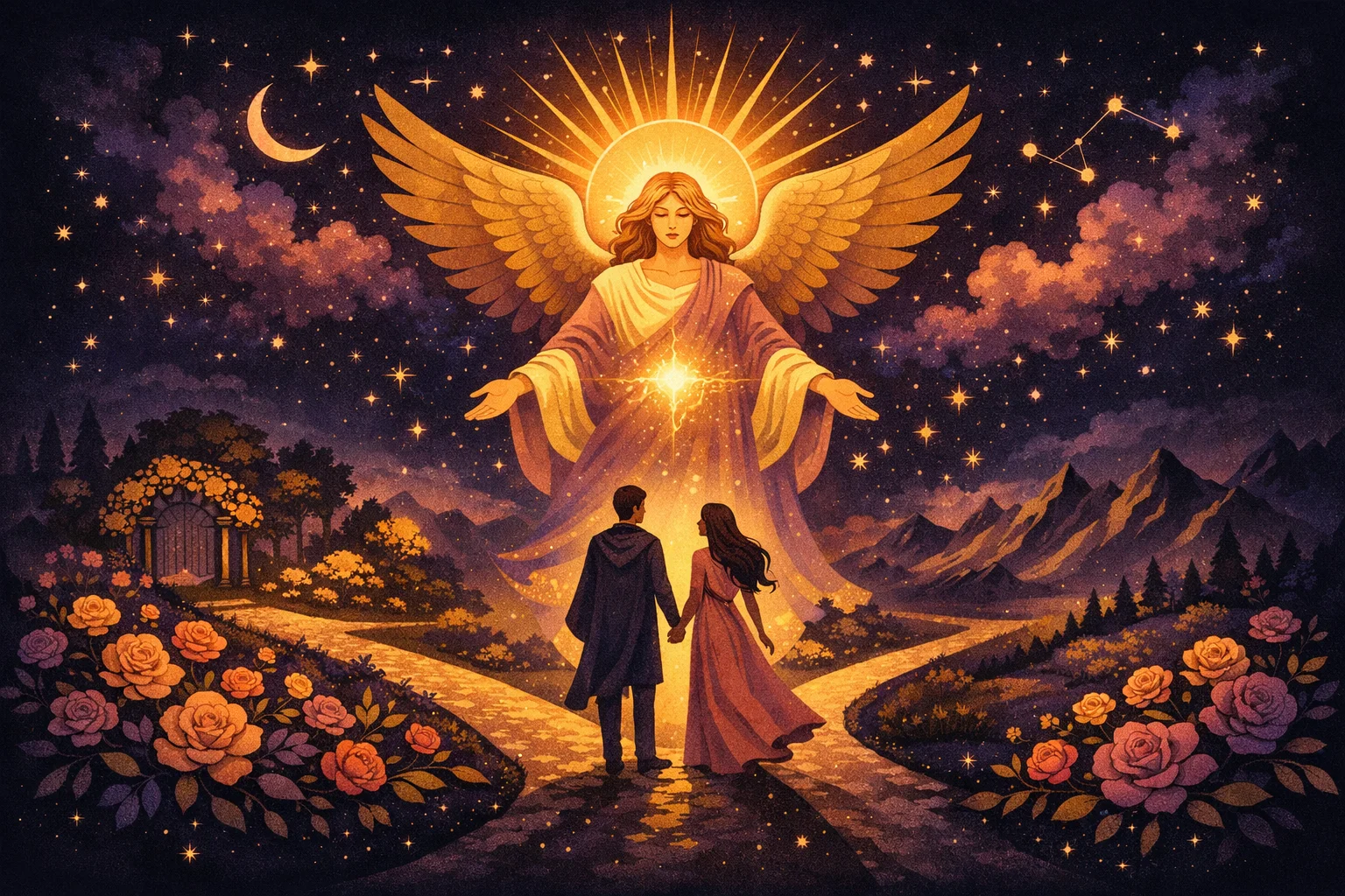 The Lovers tarot card meaning โ an angel blessing two figures standing at a crossroads beneath a radiant sun