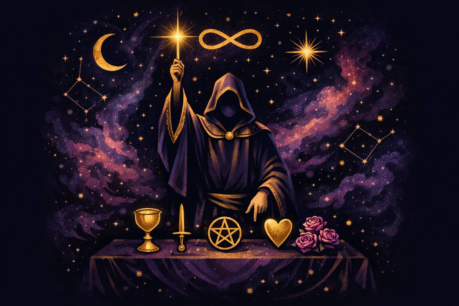 The Magician tarot card meaning — a figure channeling energy from sky to earth with the four suit tools on the table