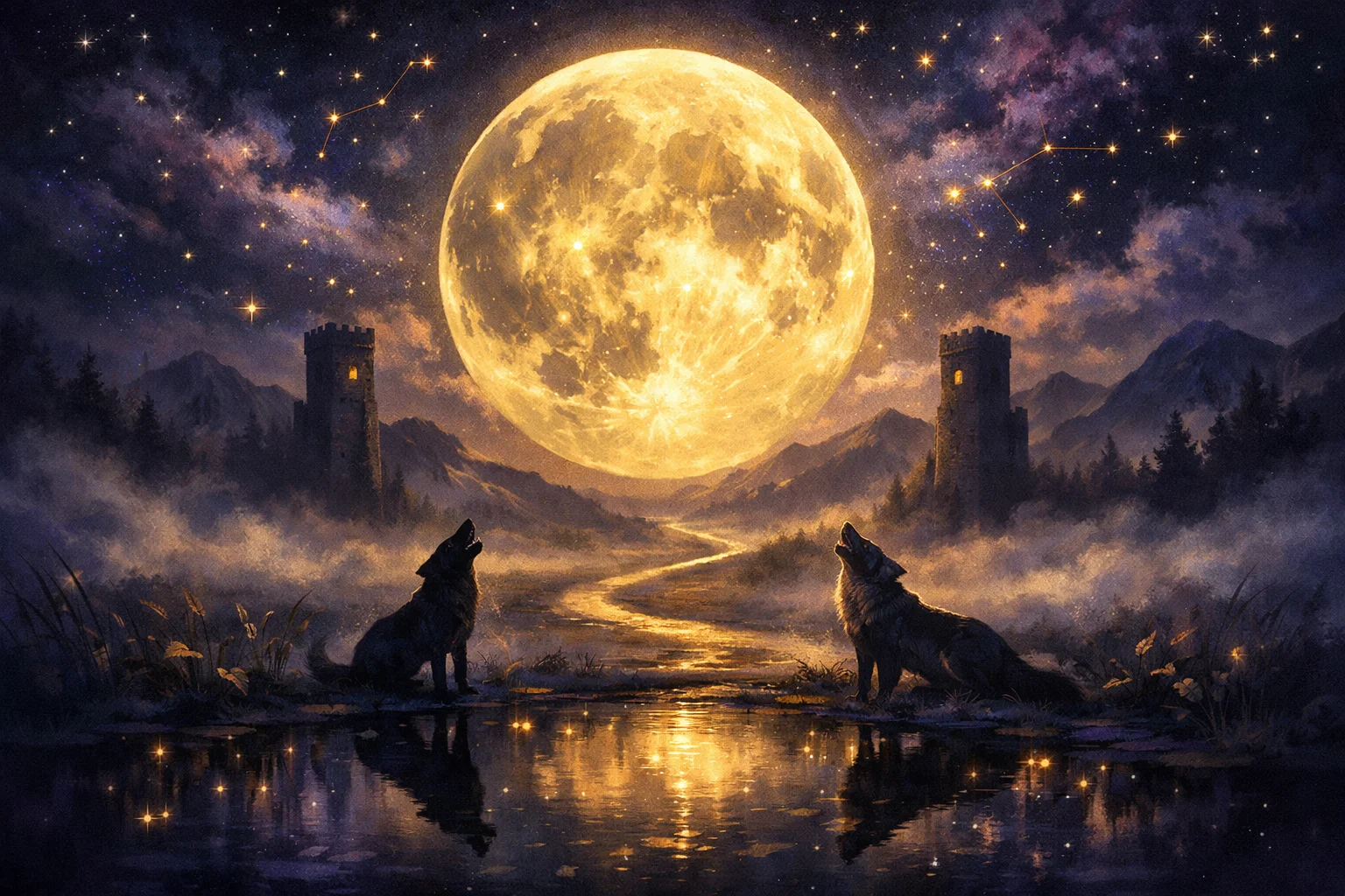 The Moon tarot card meaning โ a full moon over misty towers, a winding path, and a dog and wolf howling