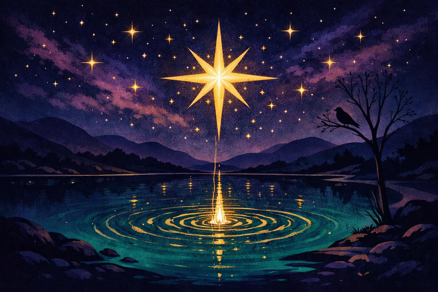 The Star tarot card meaning: a bright eight-pointed star over a tranquil pool, symbolizing hope and renewal