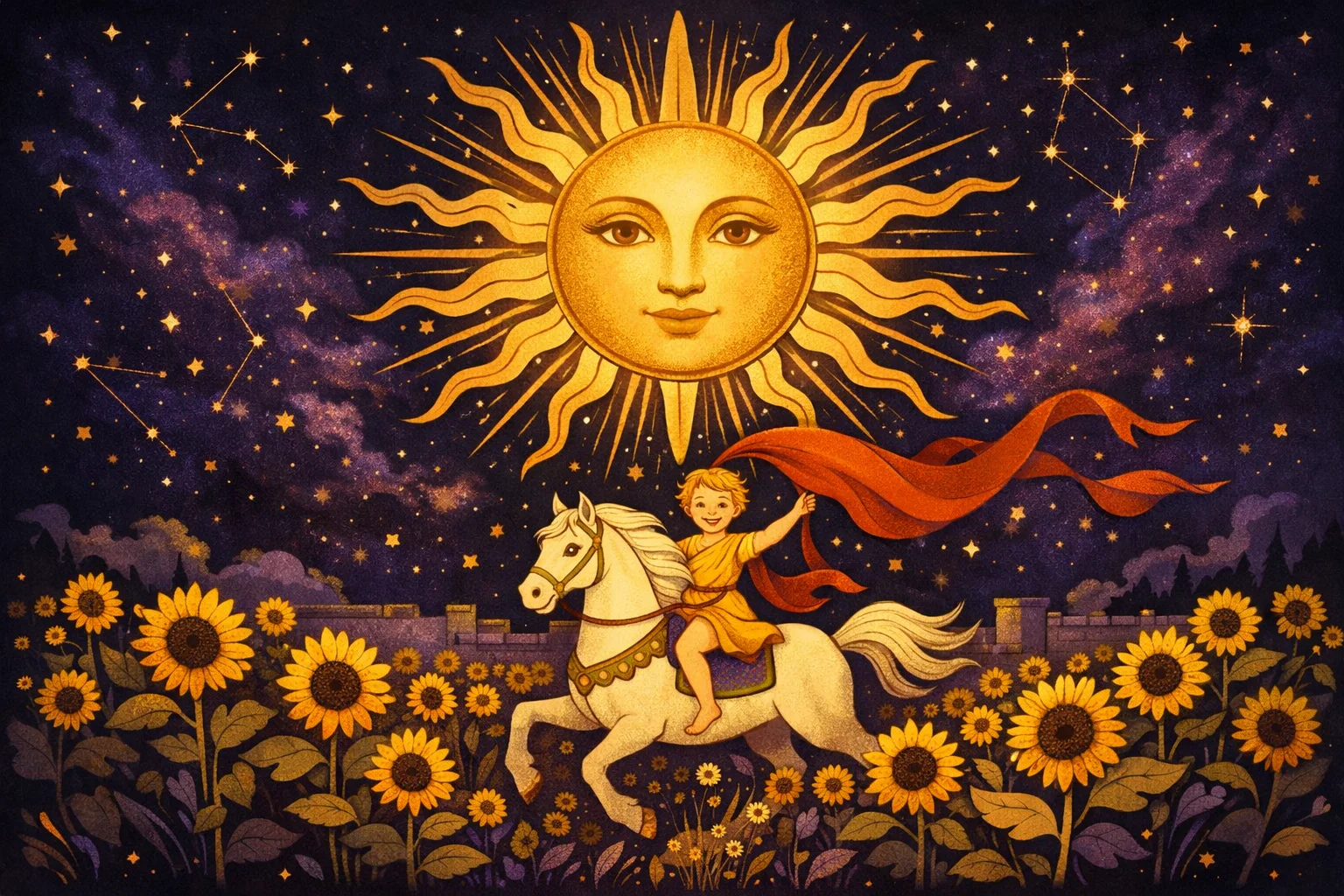 The Sun tarot card meaning โ a radiant sun above a child on a white horse with a red banner and four sunflowers