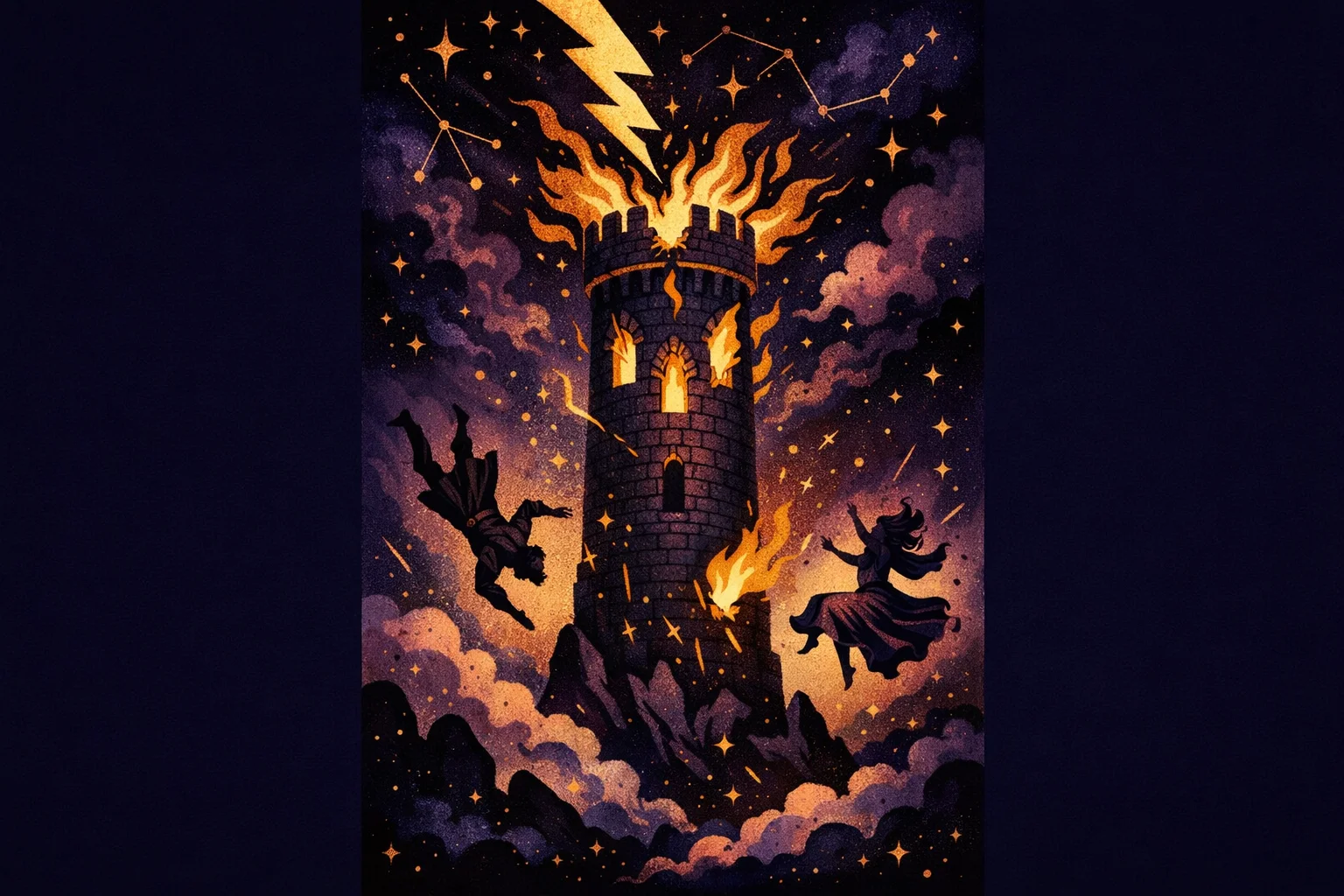The Tower tarot card meaning — lightning strikes a stone tower, flames erupt, two figures fall free