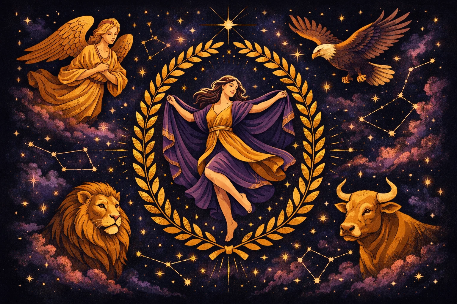 The World tarot card meaning: a dancer in a laurel wreath framed by the four corner creatures, symbolizing completion