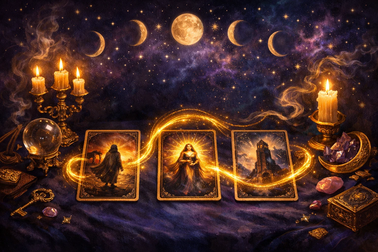 3-card tarot spread laid out as past, present and future positions connected by a glowing thread on dark velvet