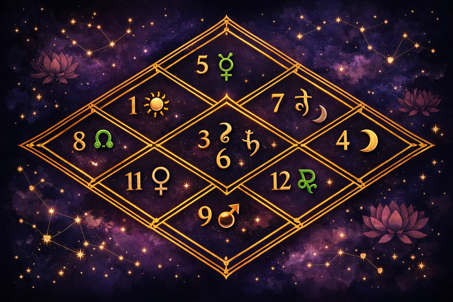 Traditional diamond-shaped Vedic birth chart (Kundali) with Rashi numbers and planet abbreviations in gold on indigo
