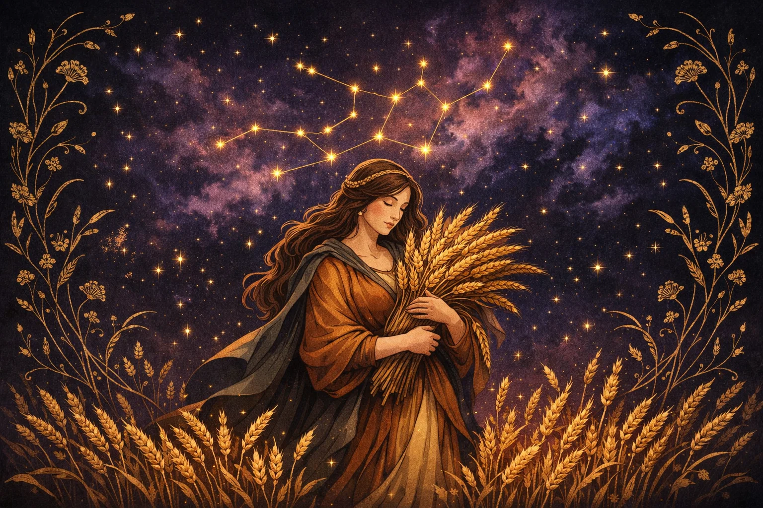 Virgo zodiac sign illustration: a maiden holding golden wheat in a harvest field under the Virgo constellation