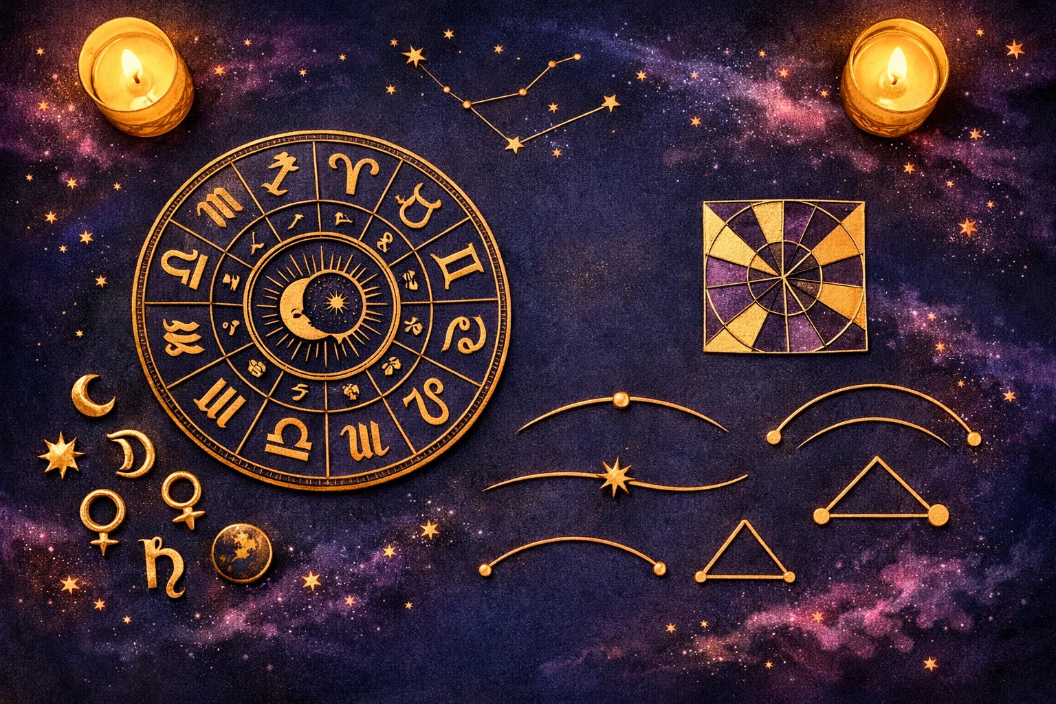What is astrology explained visually with a zodiac wheel, planetary glyphs, and a house diagram