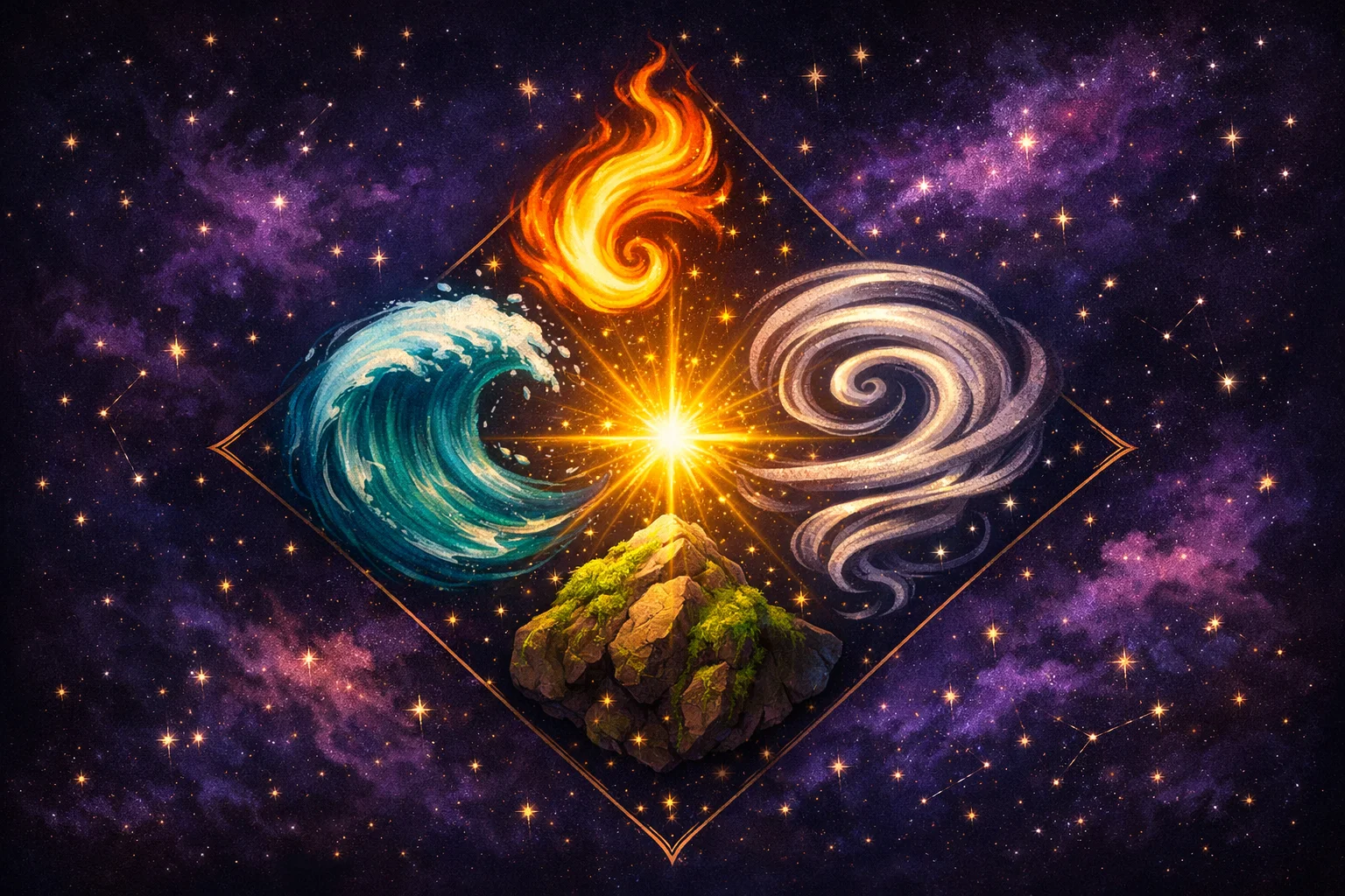 What element are you — fire, water, earth, and air forces converging at a glowing center on an indigo starfield