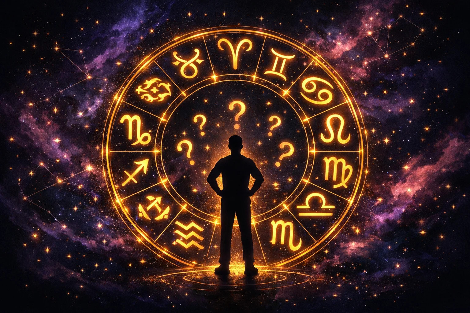 What zodiac sign am I really quiz — a glowing zodiac wheel with all 12 sign glyphs and a figure choosing which sign fits
