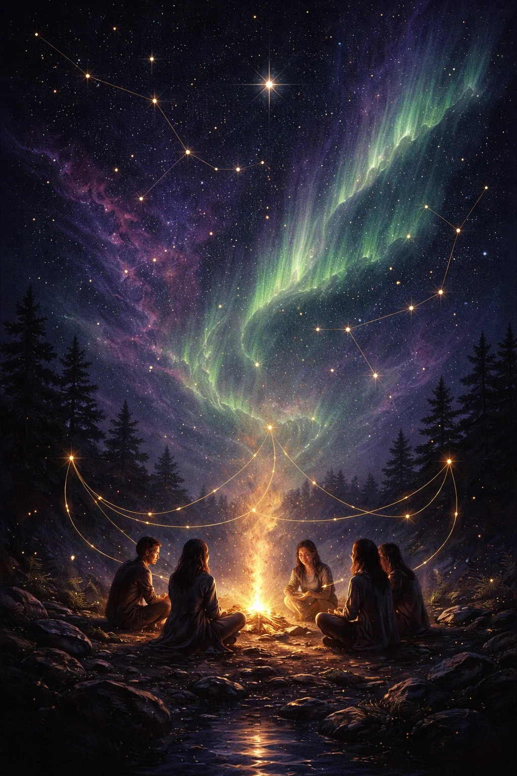 11th house scene: friends around a fire under a starry sky, evoking community and shared dreams