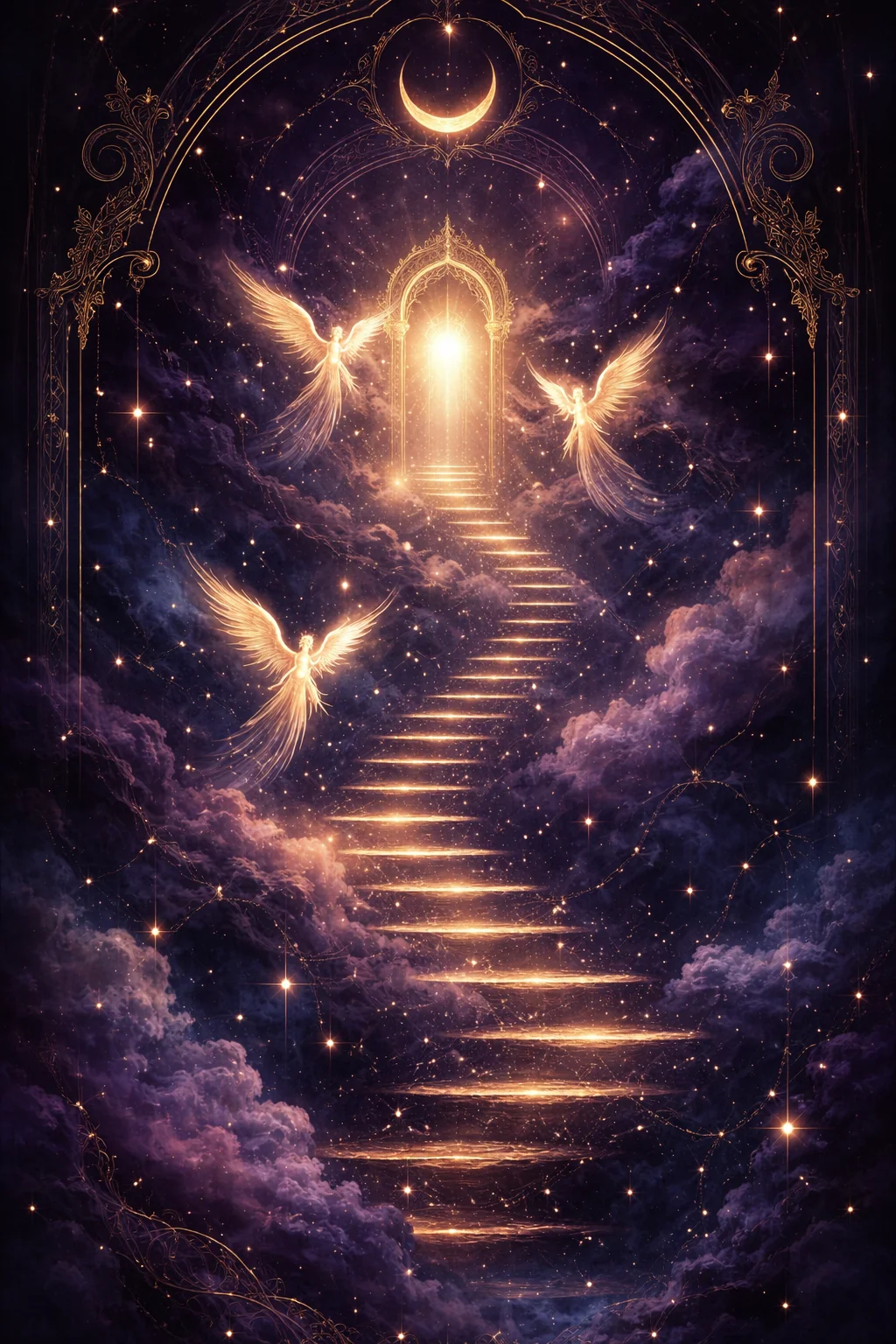 A figure climbing emerald steps numbered 1 2 3 4 toward a golden summit, evoking 1234 angel number momentum