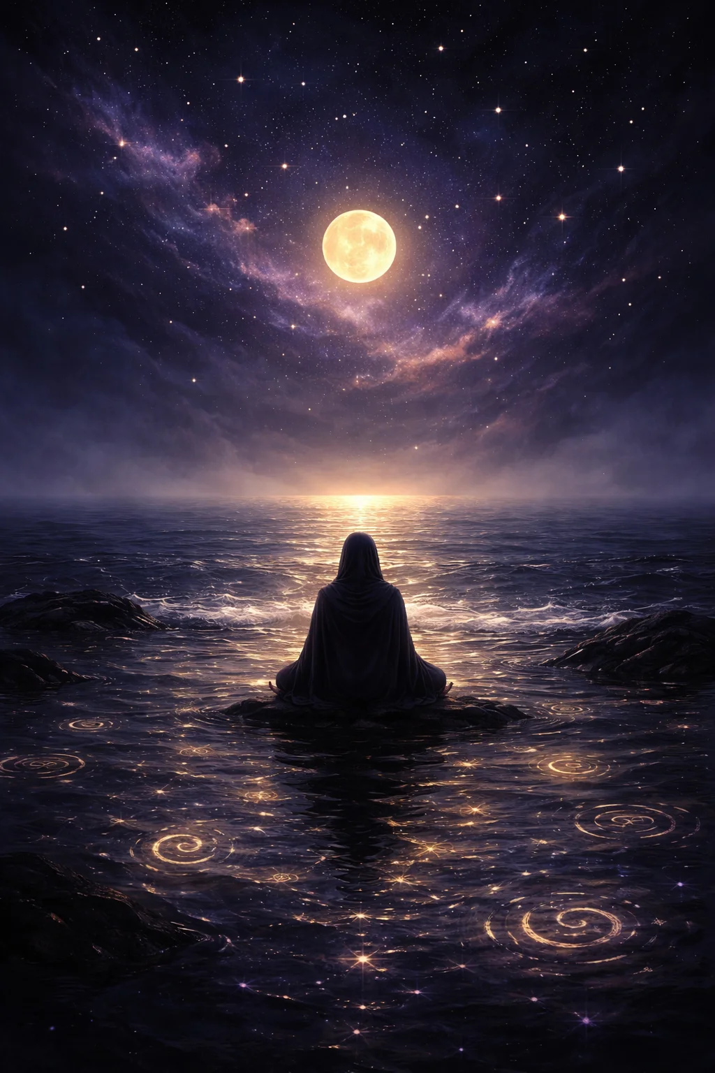 A figure meditating by a moonlit sea, evoking the 12th house of solitude and the subconscious
