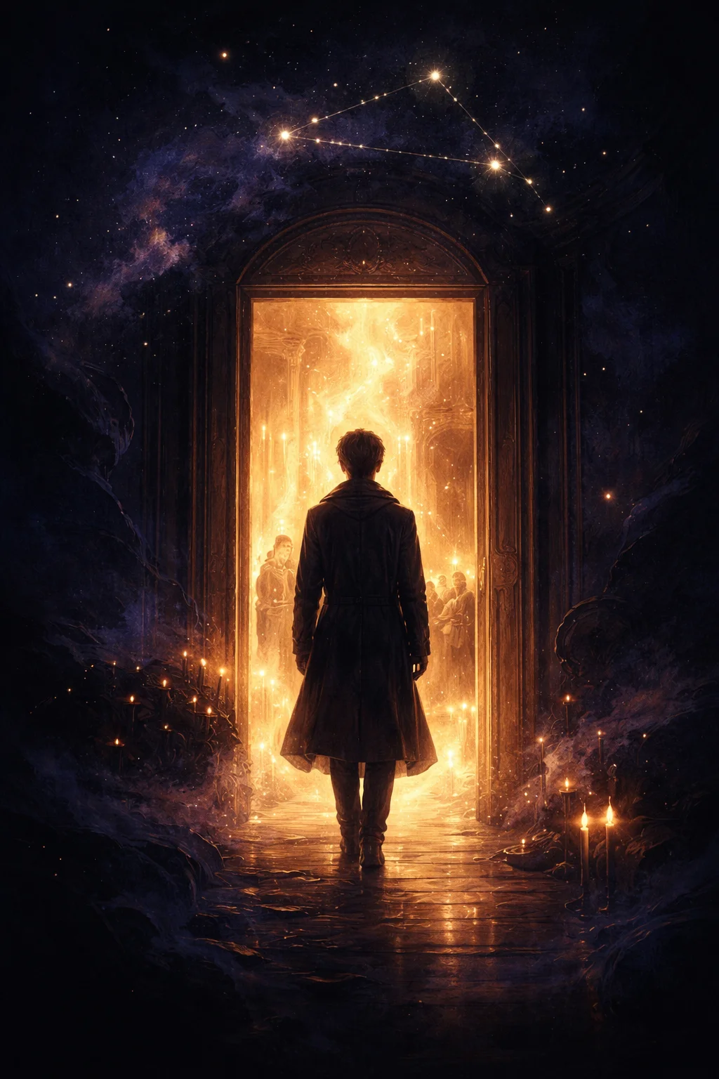 A person pausing in a lit doorway before entering a room, evoking the 1st house of first impressions and the rising sign