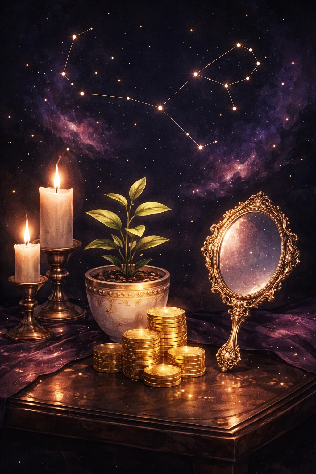 Still-life of gold coins, a growing plant, and a small mirror, evoking the 2nd house of money and self-worth