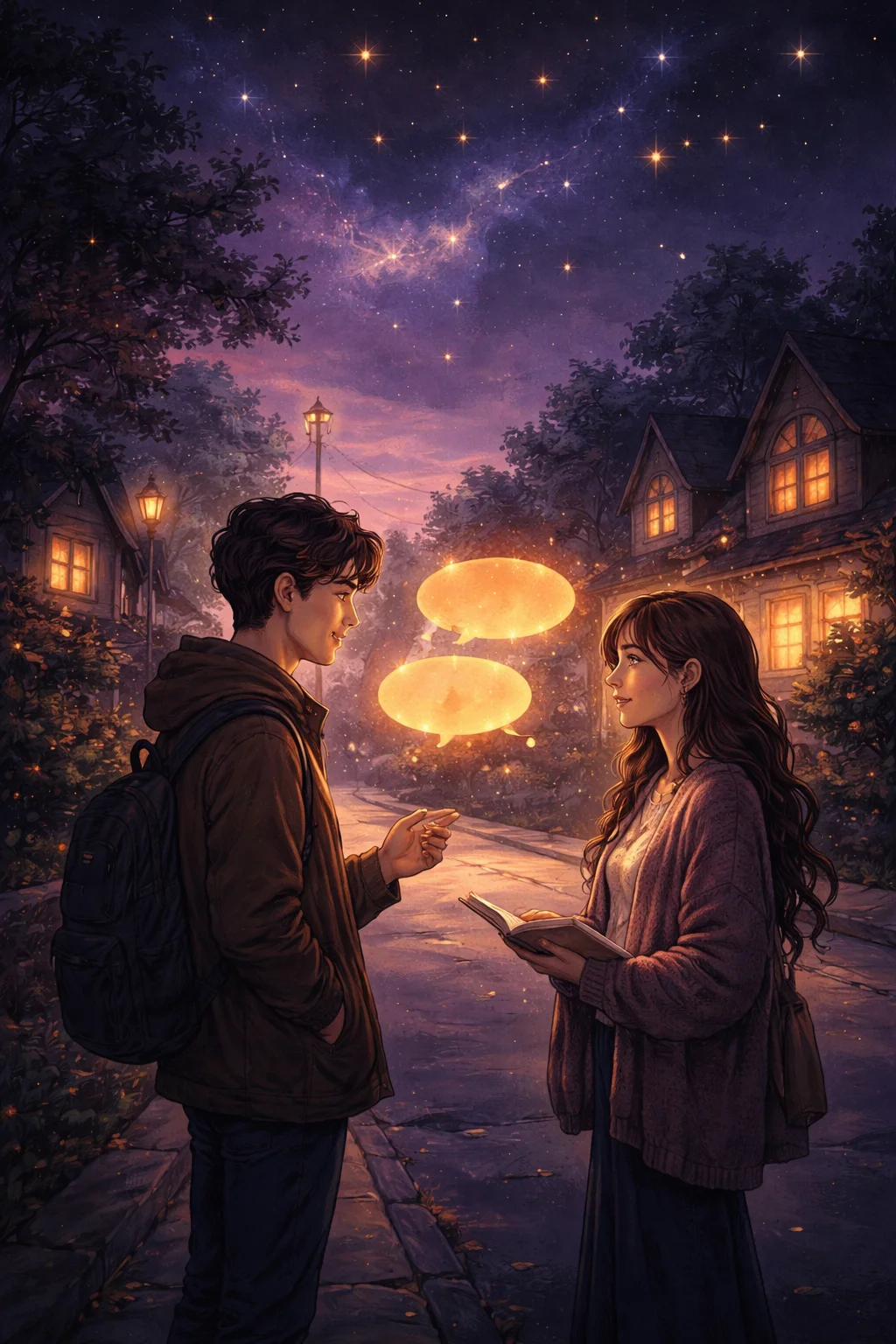 Siblings talking on a neighborhood street at dusk, evoking the 3rd house of communication and siblings