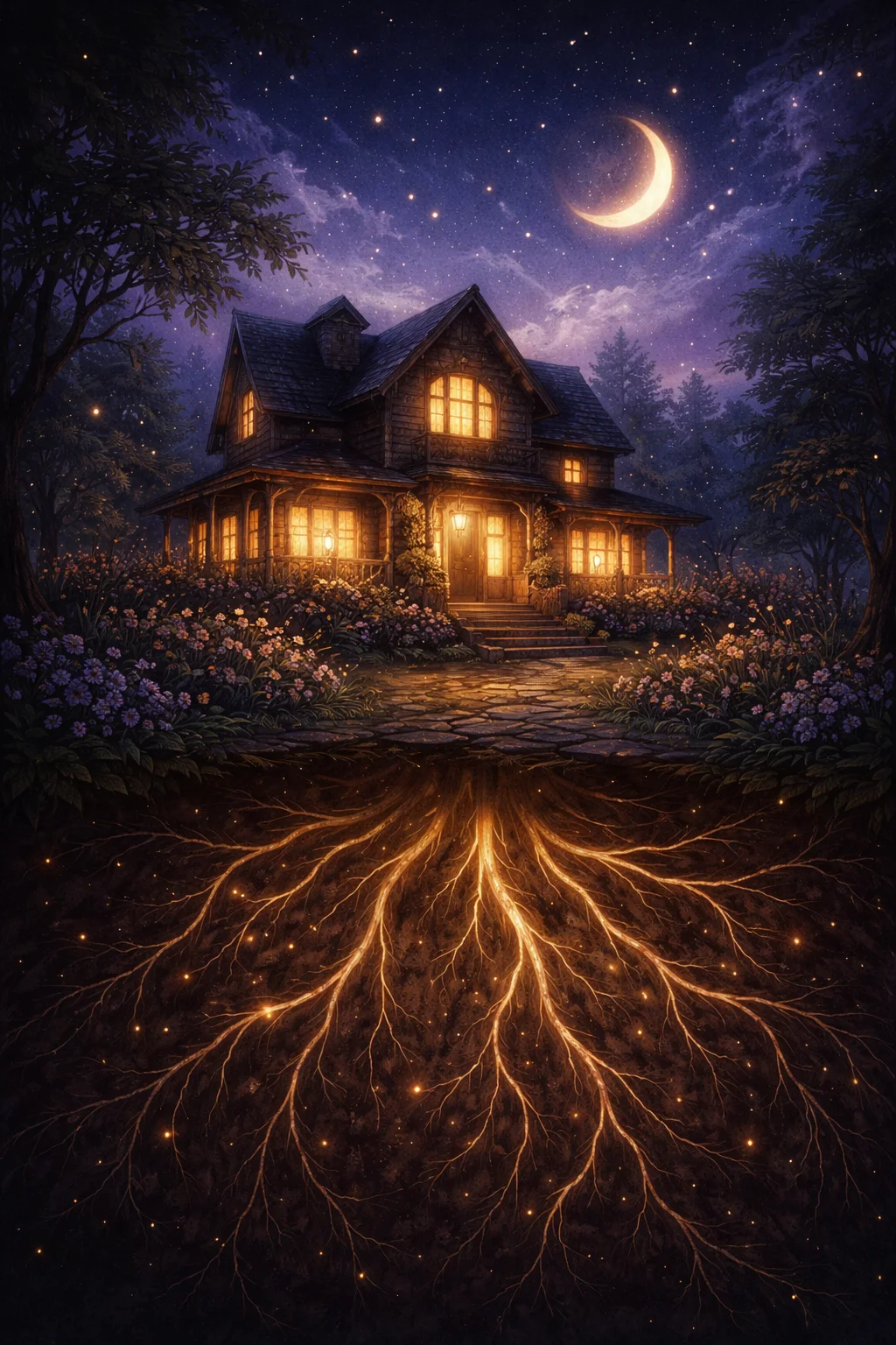 A warmly lit family home at dusk with deep roots beneath it, evoking the 4th house of home, family, and ancestry