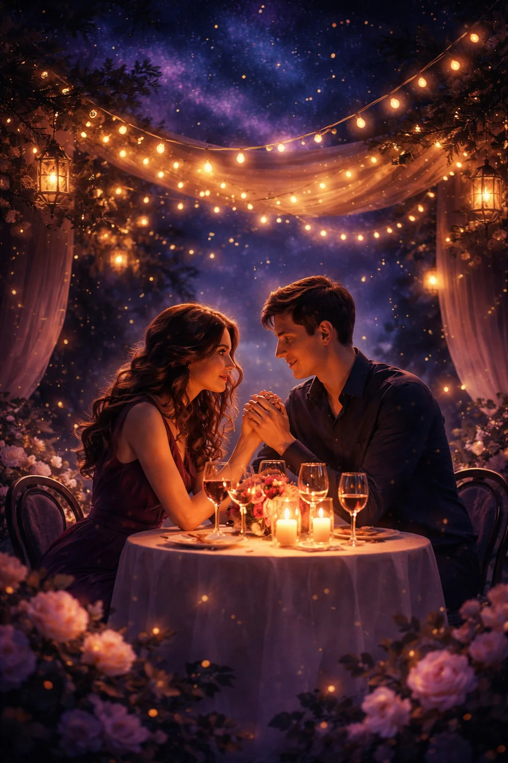 A couple on a first date under warm string lights, evoking the 5th house of romance, play, and pleasure