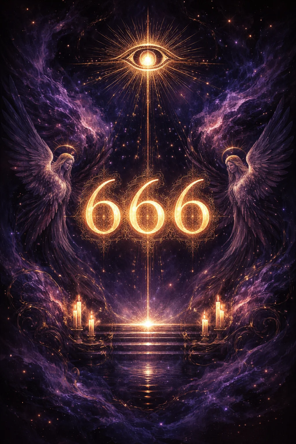 Peaceful scene of a figure meditating between two worlds โ one filled with material wealth and the other with nature and spiritual light โ symbolizing the balance message of angel number 666