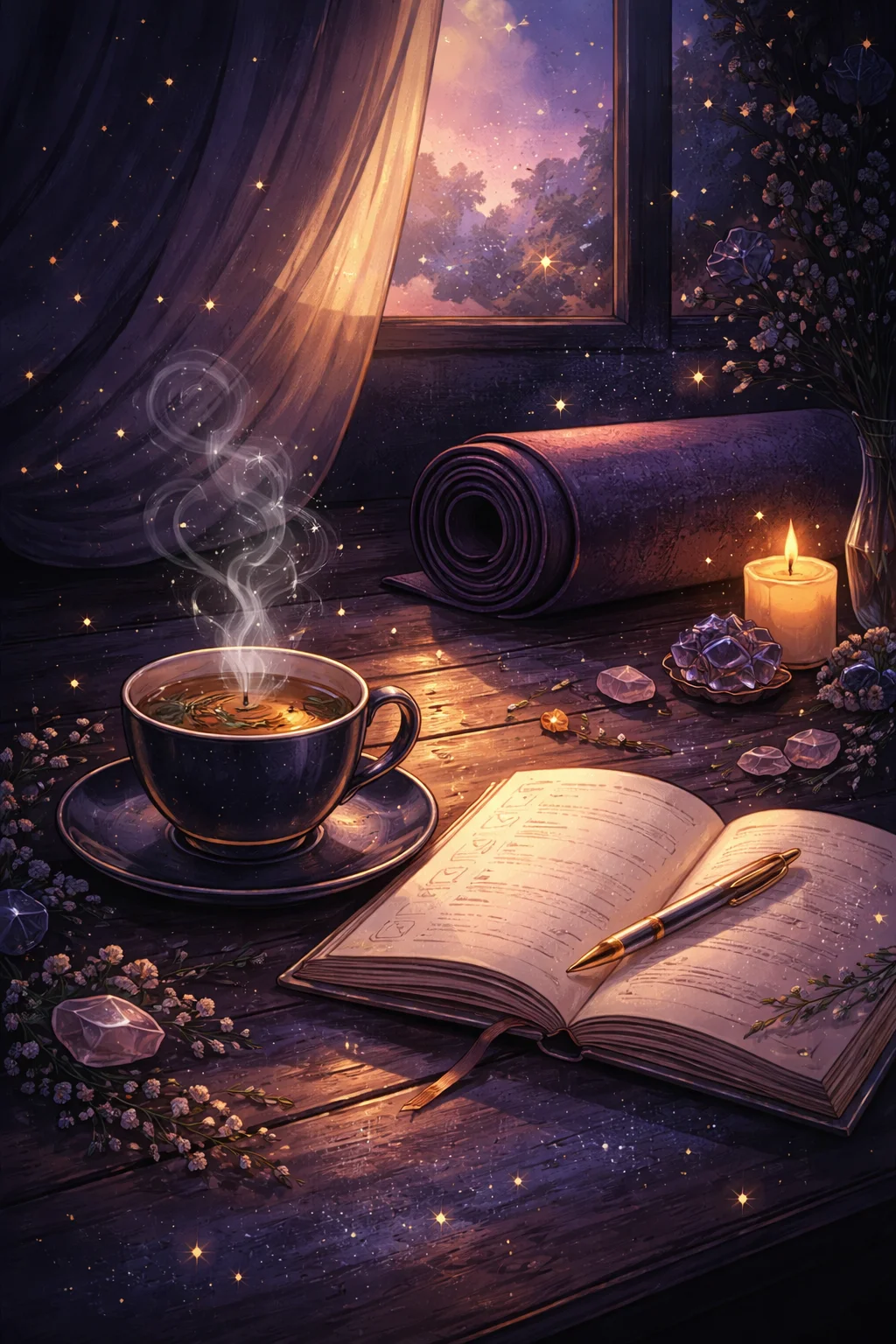 A calm early-morning routine with herbal tea, a journal, and a checklist, evoking the 6th house of health and daily habits