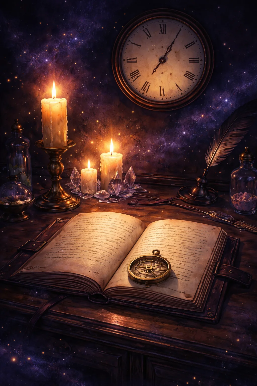 Journal open at two entries months apart, brass compass and a clock reading 7:17 — testing the 717 angel number meaning