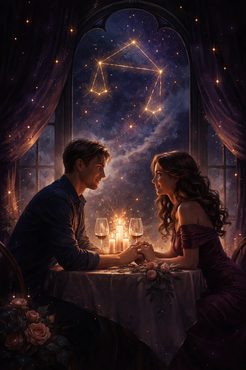 Two people facing each other across a candlelit table, evoking the 7th house of one-on-one partnership