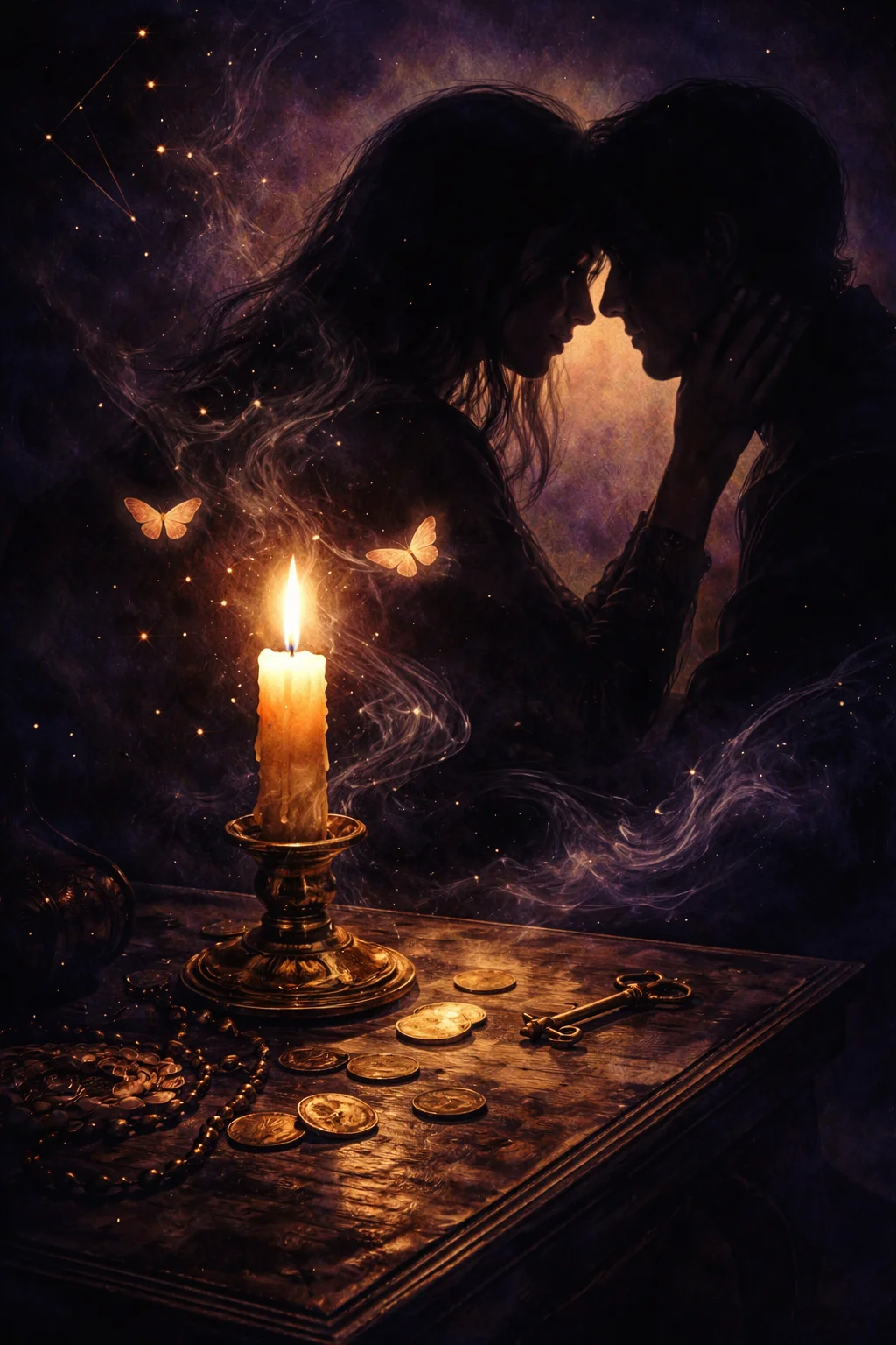 Candlelit room with two shadowed figures and scattered coins, evoking the 8th house of intimacy and shared resources