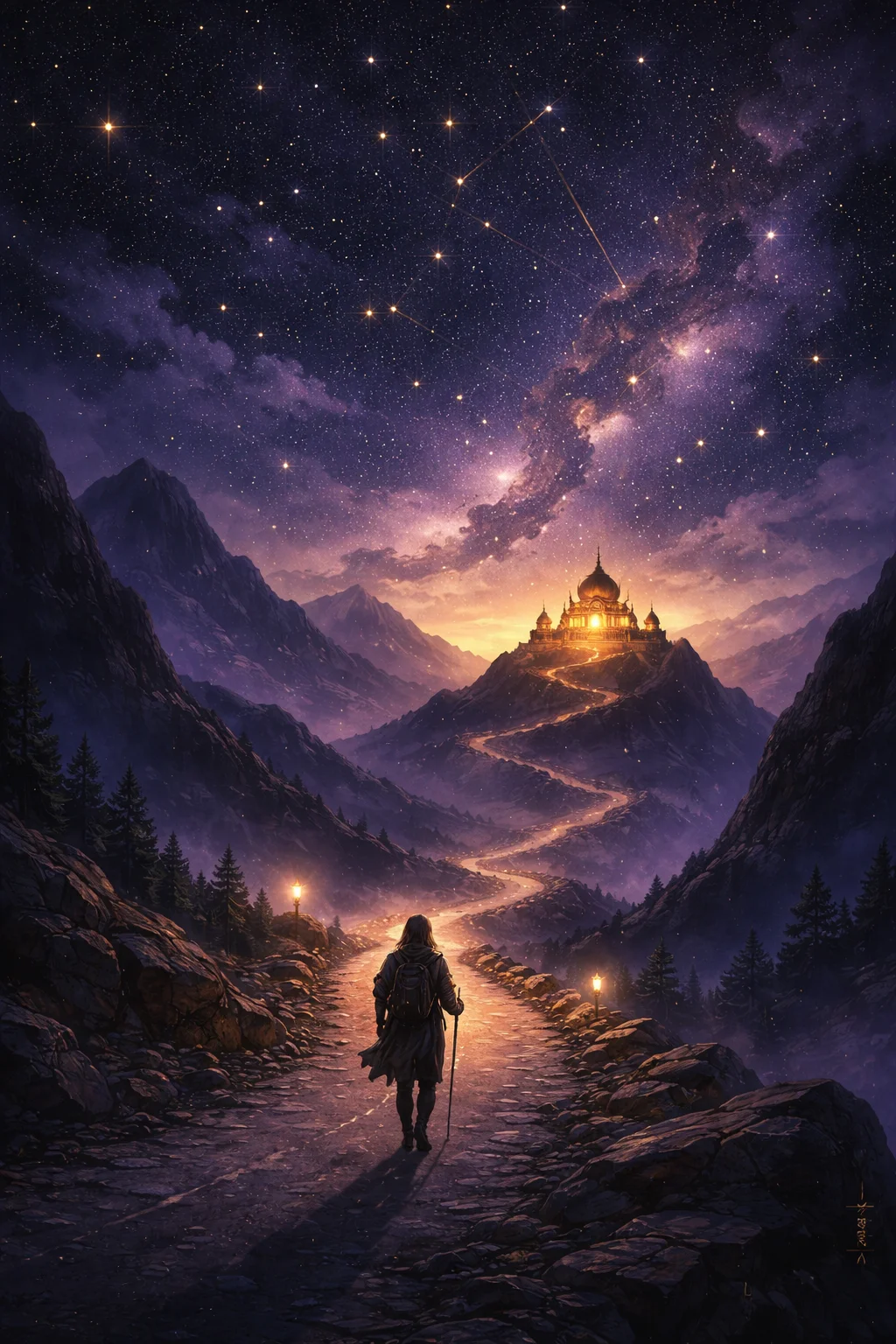 Lone traveler on a winding mountain road at dusk walking toward a distant temple, evoking the 9th house quest for meaning