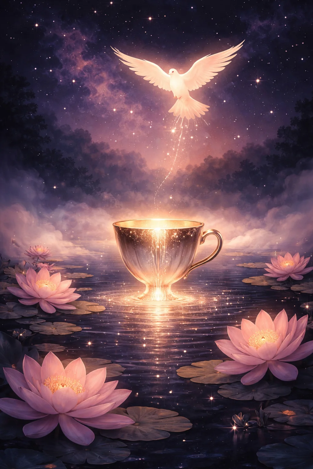 Ace of Cups tarot scene: a glowing overflowing chalice above a calm lotus lake at dawn in rose-gold and cerulean light