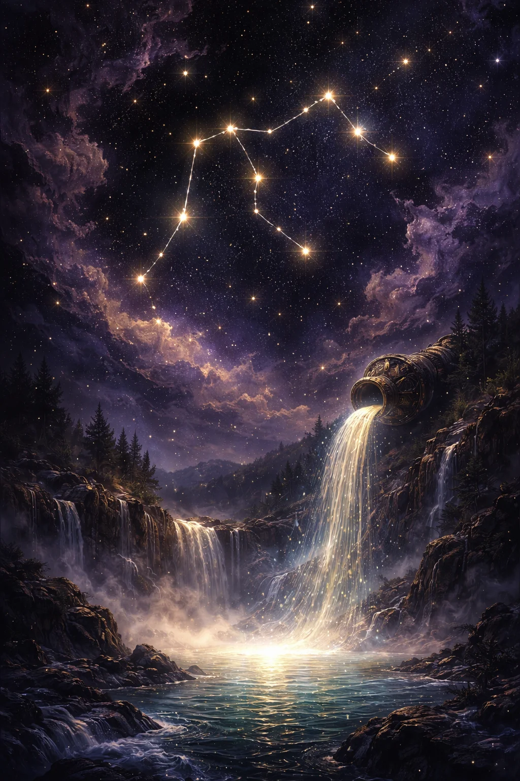 Aquarius constellation forming a water-bearer pouring starlight over a quiet futuristic city at night