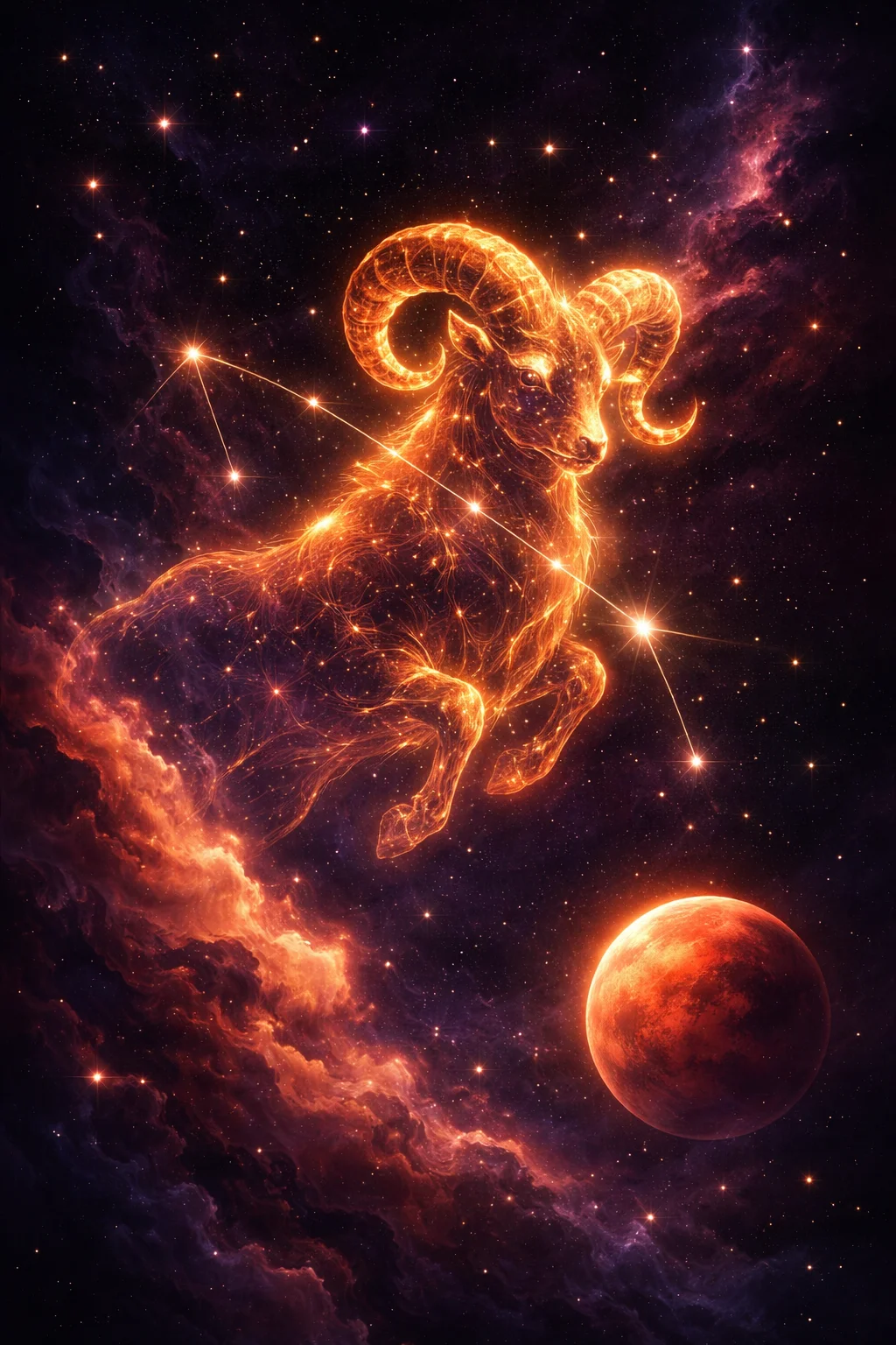 Aries constellation forming a ram shape in a cosmic night sky with the red planet Mars glowing nearby