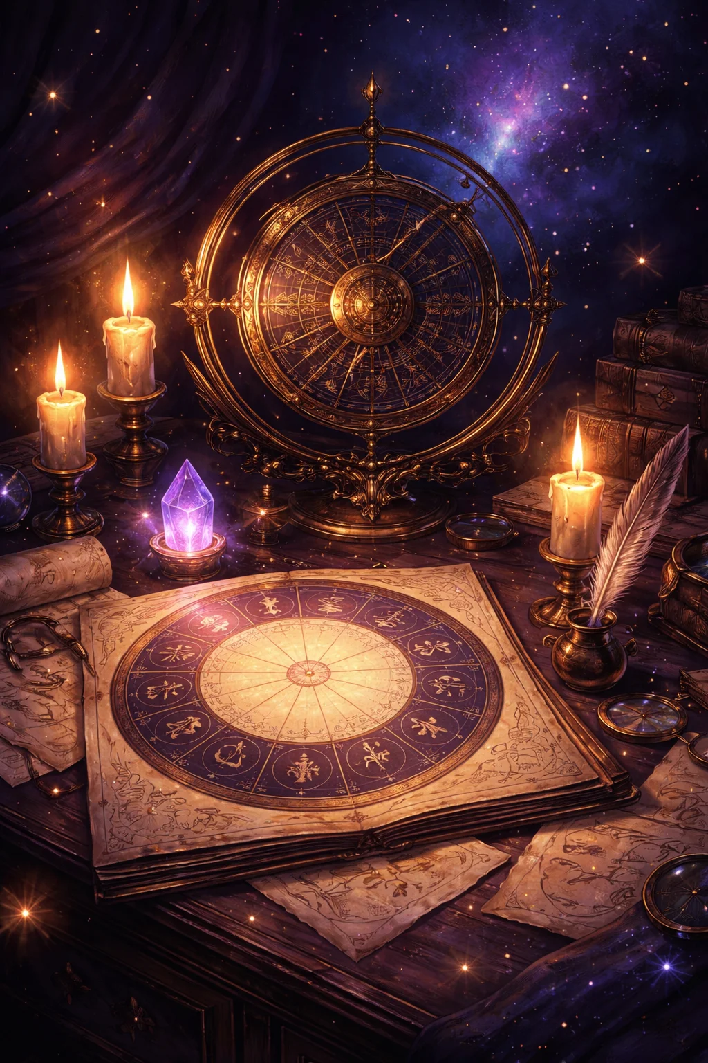 Candlelit astrologer's desk with a brass astrolabe and an open natal chart wheel divided into twelve astrological houses