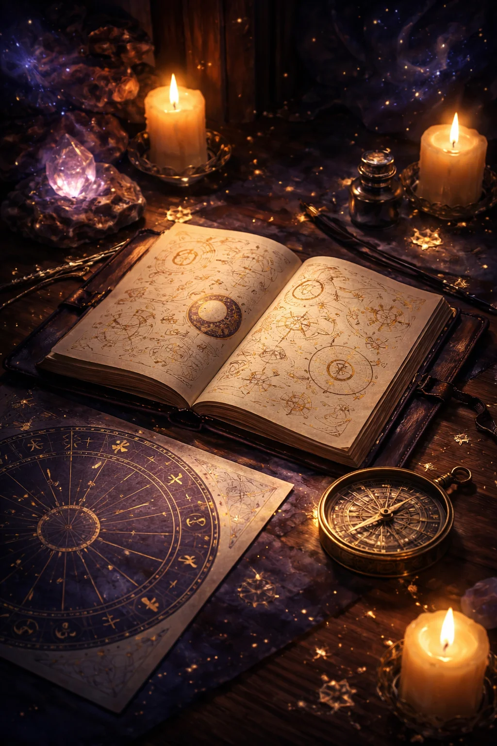 An astrologer's candlelit desk with a notebook of hand-inked zodiac and planet glyphs beside a printed birth chart
