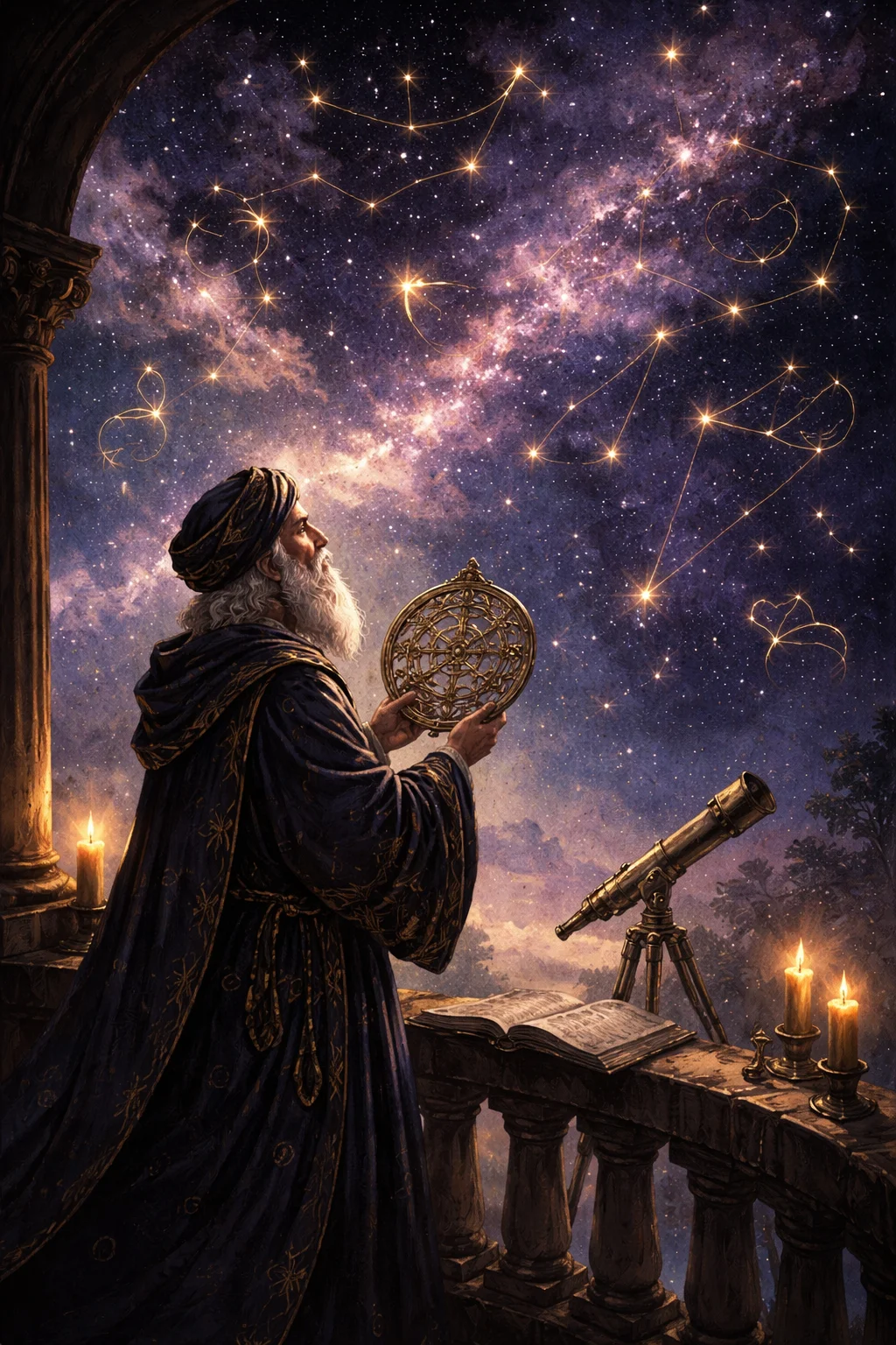 Ancient astronomer-astrologer holding an astrolabe on a night balcony beneath glowing constellations and zodiac glyphs