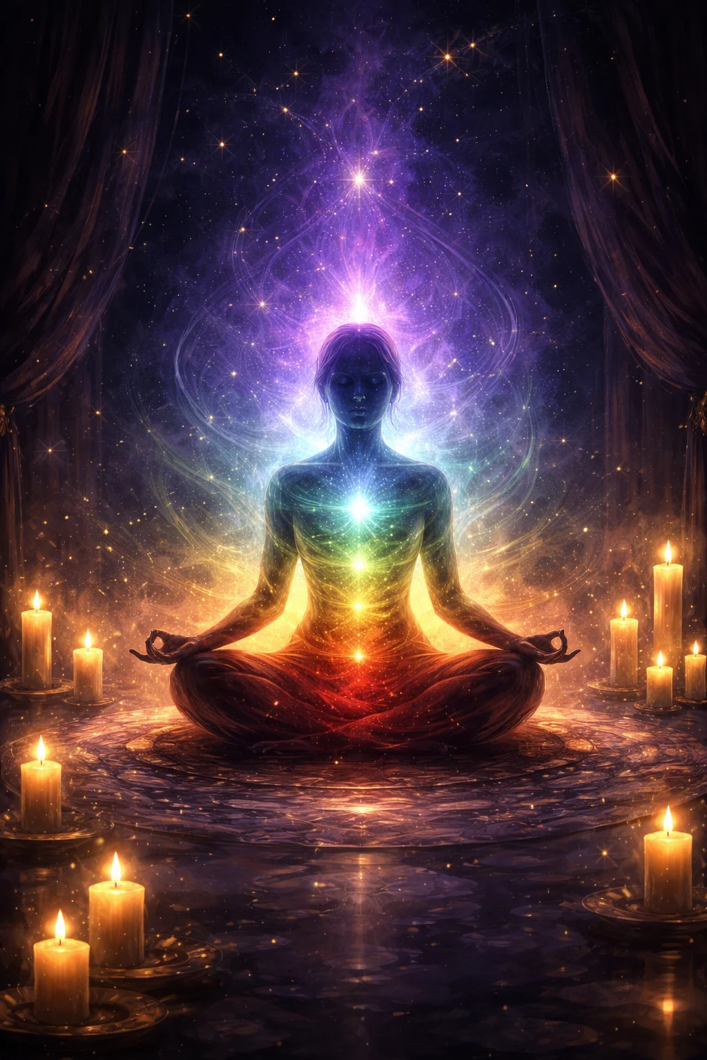 A person meditating in a candlelit room haloed by a shifting multicolored aura, illustrating how aura colors change with mood