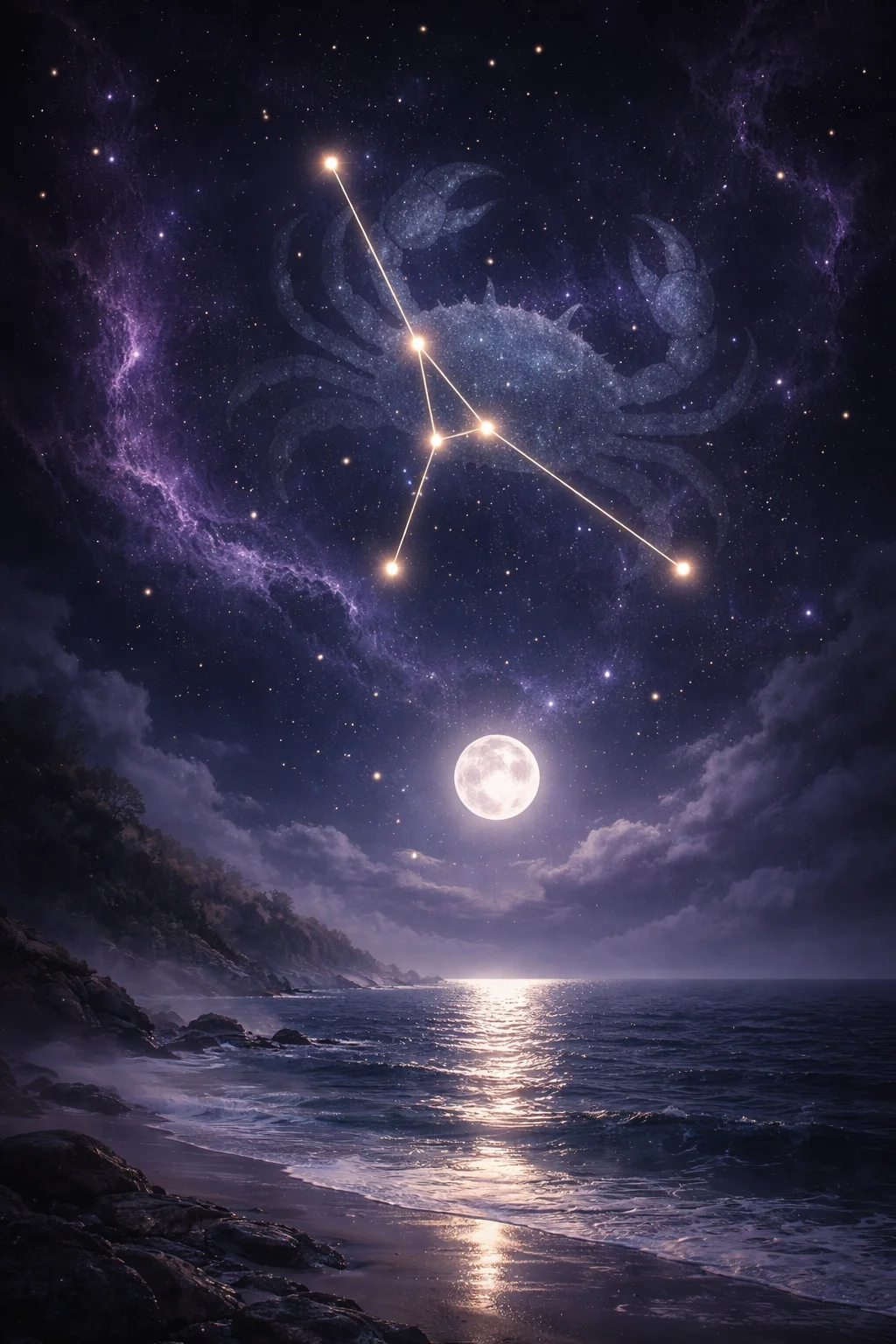 Cancer constellation above a calm moonlit ocean with a full moon casting a silver path across gentle waves