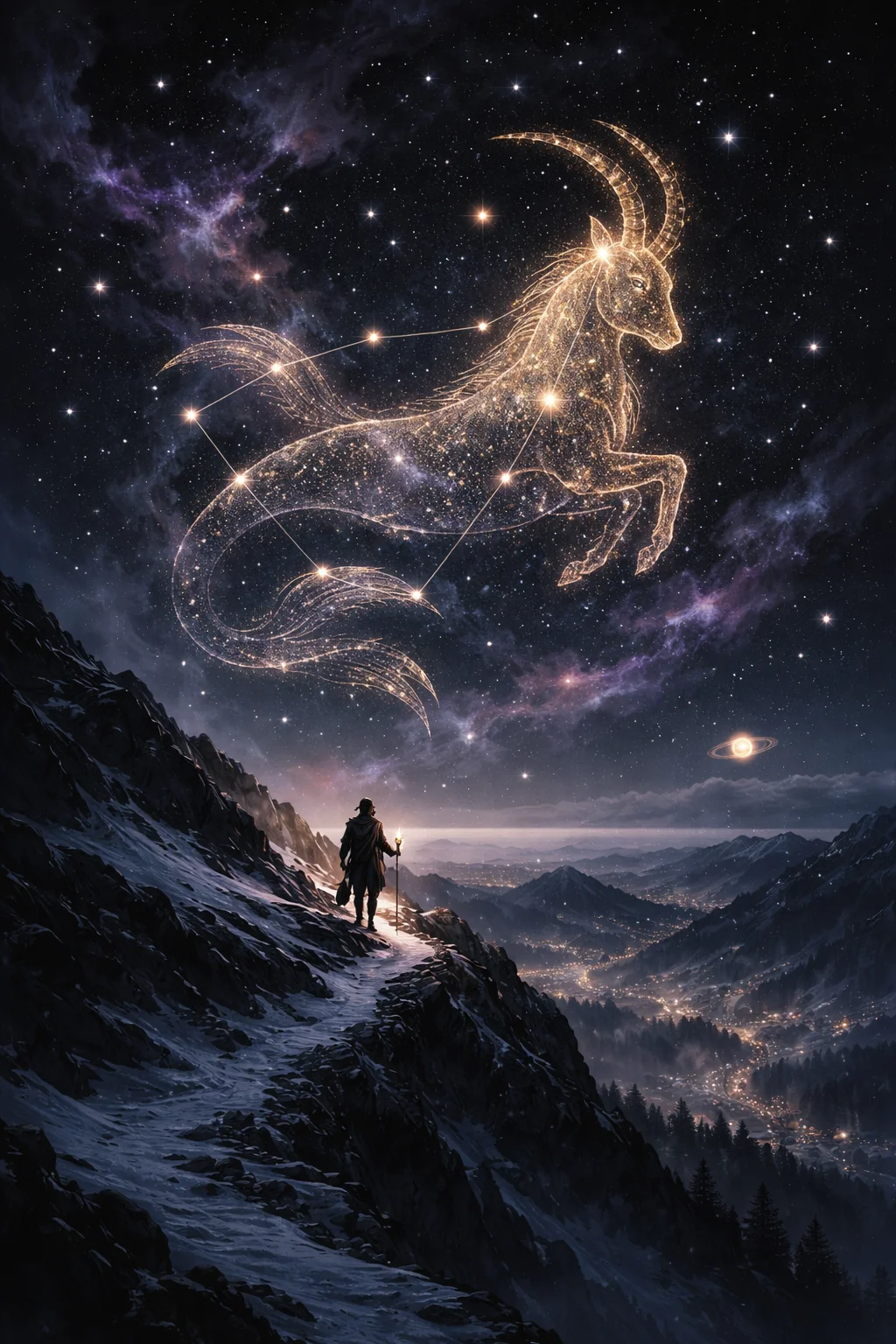 Capricorn constellation forming a sea-goat in a cold winter sky above a lone figure climbing a moonlit mountain ridge