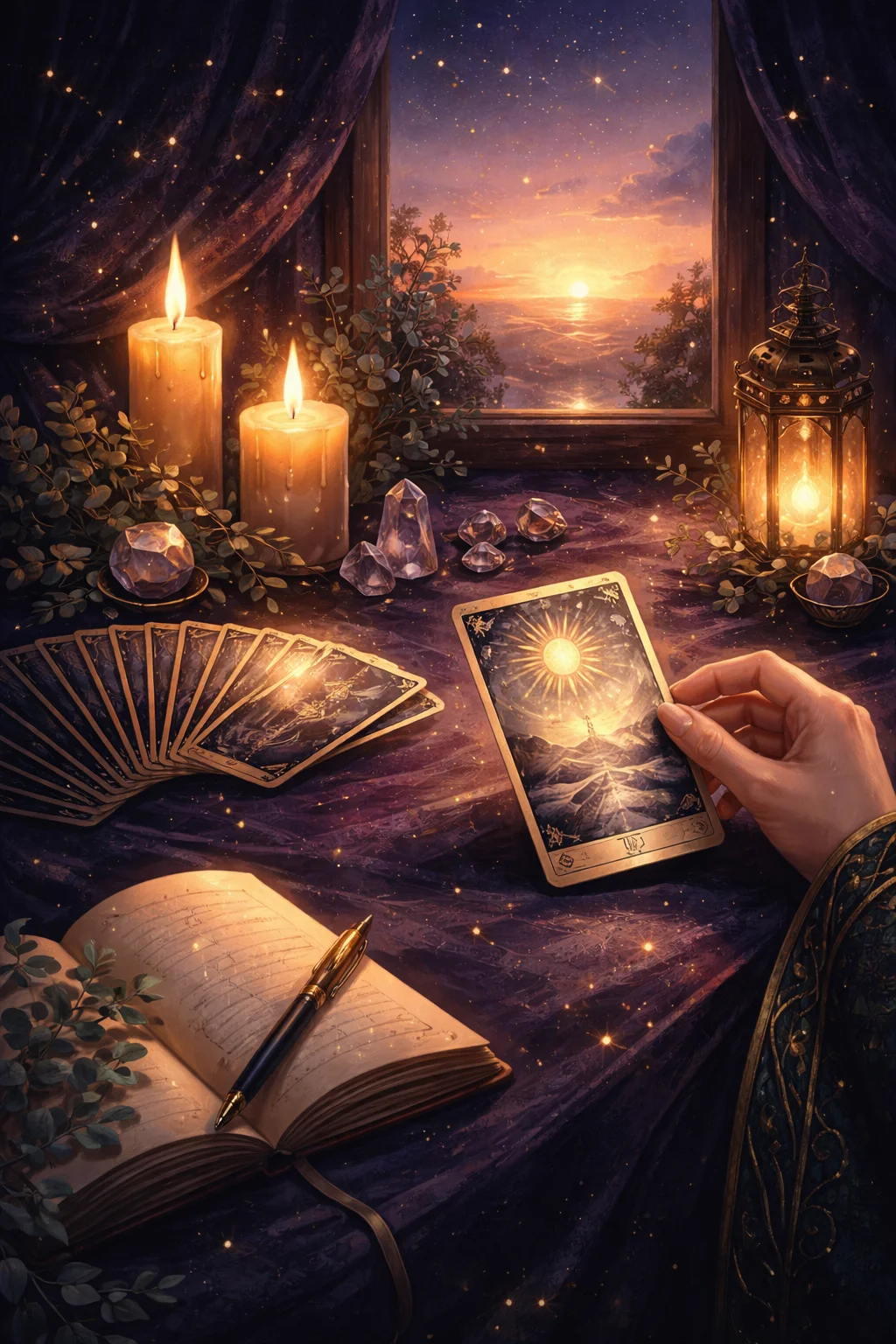 Morning card of the day ritual at a candlelit dawn table with a fanned tarot deck and journal