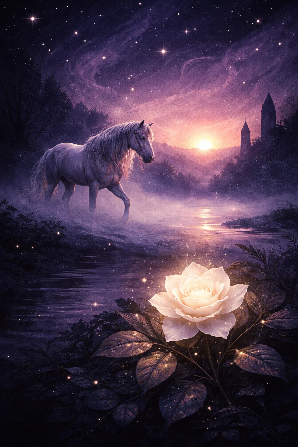 Death tarot card scene — a pale horse crossing a dim landscape at dawn, a single white rose glowing against deep indigo