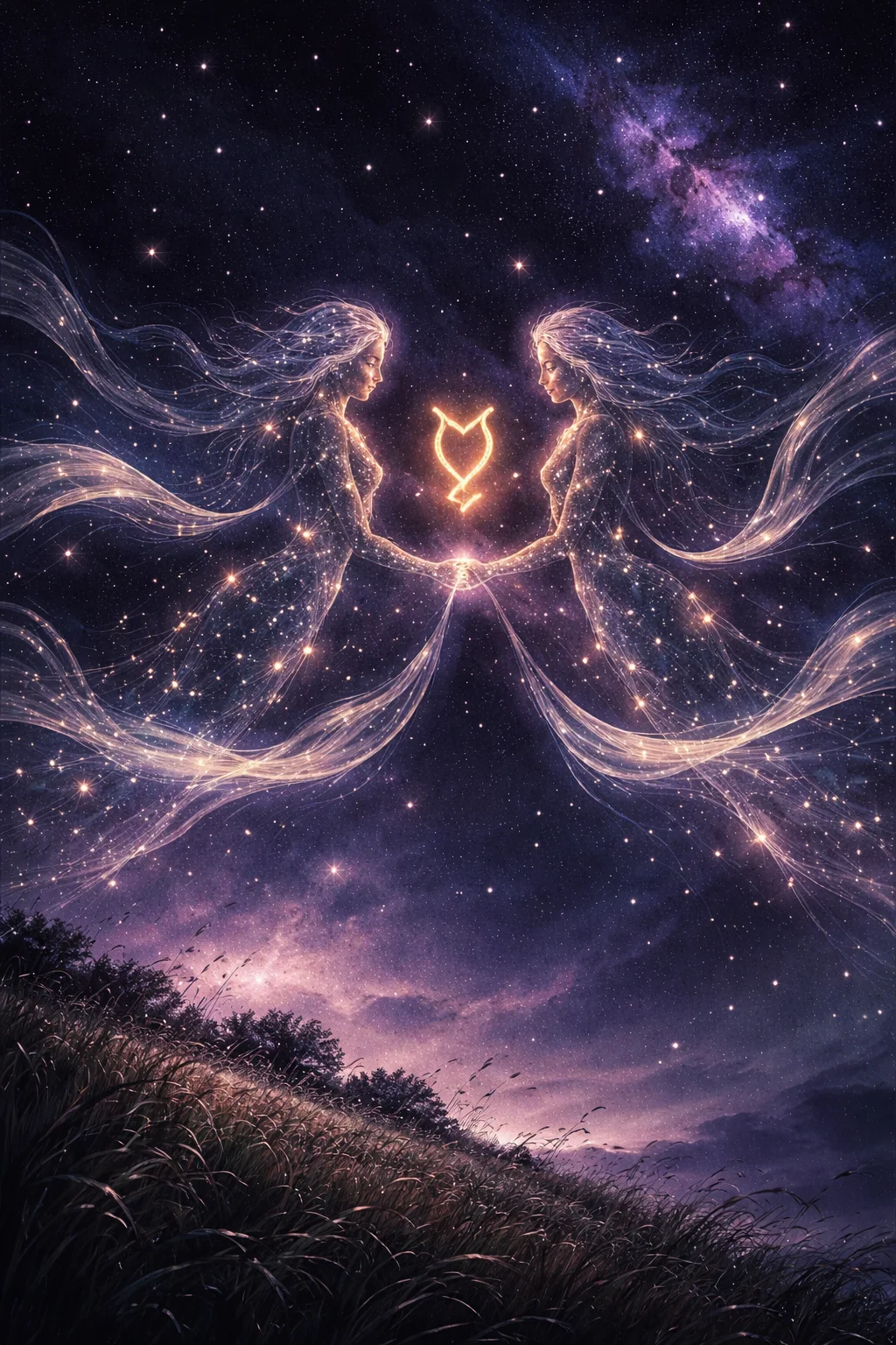 Gemini constellation: twin stars Castor and Pollux in a starry night sky with silver wind ribbons and the Mercury symbol