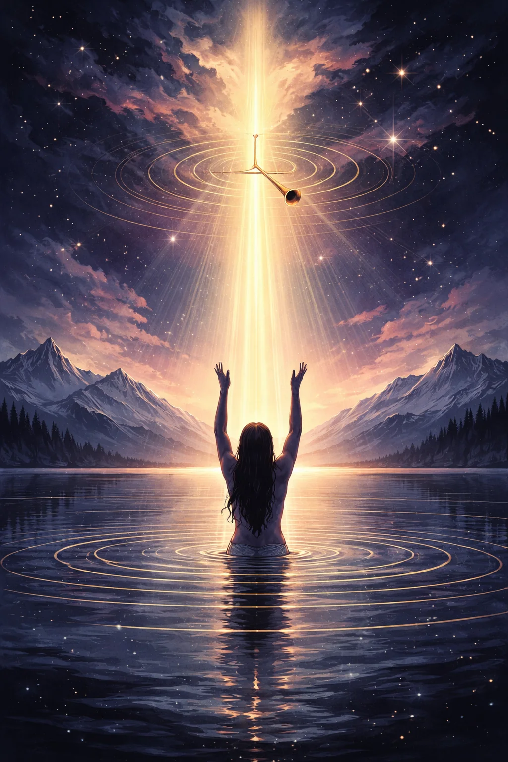 Judgement tarot scene: a lone figure lifting their arms toward a beam of dawn light breaking through the clouds