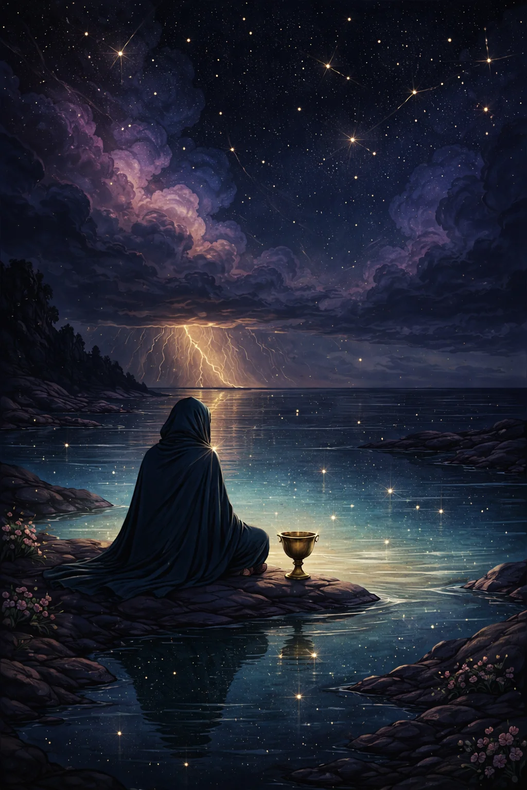 King of Cups tarot scene: a calm robed figure seated beside still water while a storm breaks on the far horizon